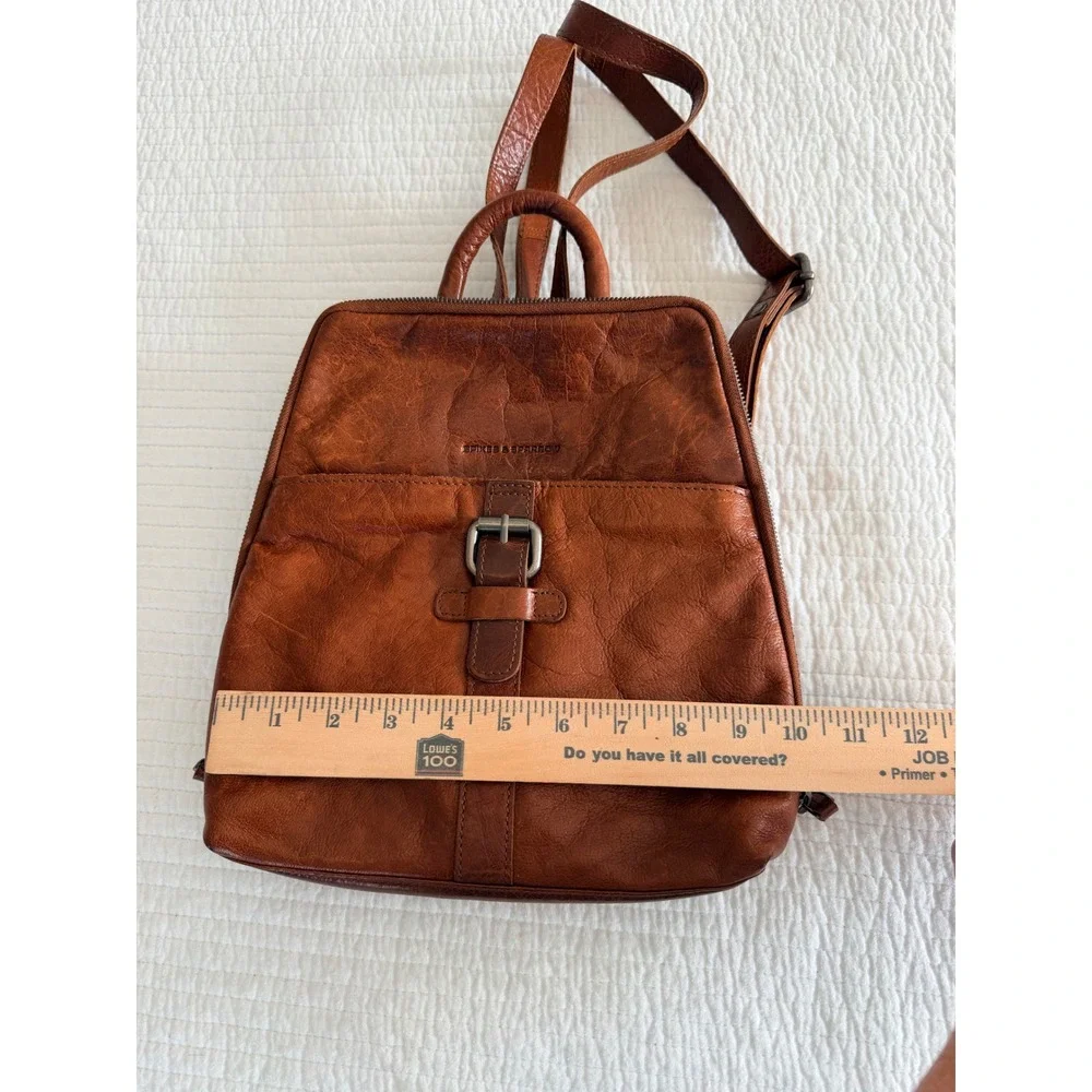 Spikes & Sparrow Cognac Brown Leather Backpack Purse Houndstooth Lining Bag